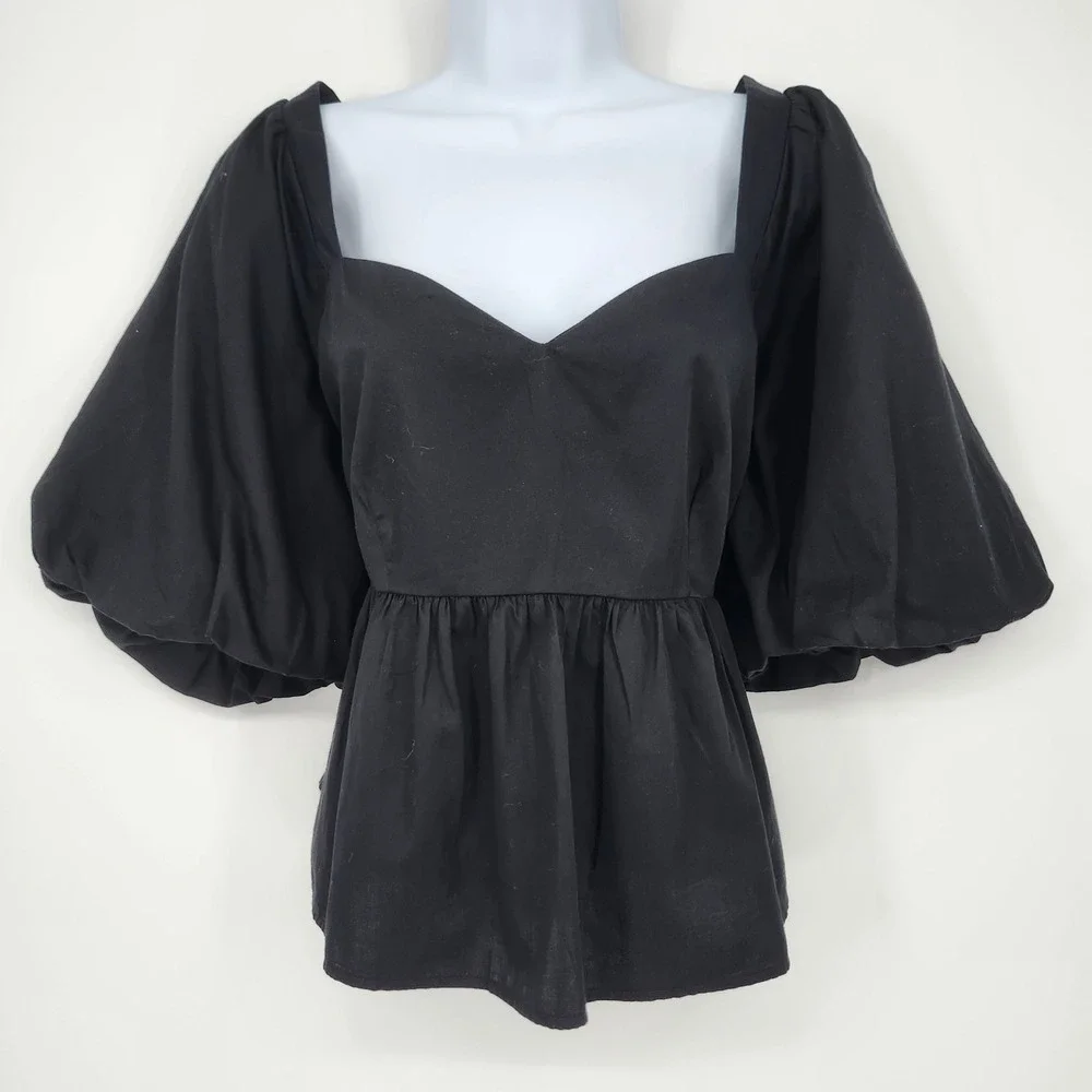 Old Navy Womens Babydoll Puff Sleeve Peplum Top Size XL Black Going Out Chic NWT